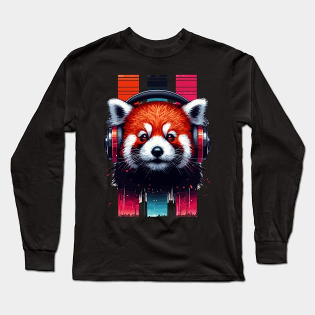 Cute Retro Music Red Panda In Headphones Long Sleeve T-Shirt by TomFrontierArt